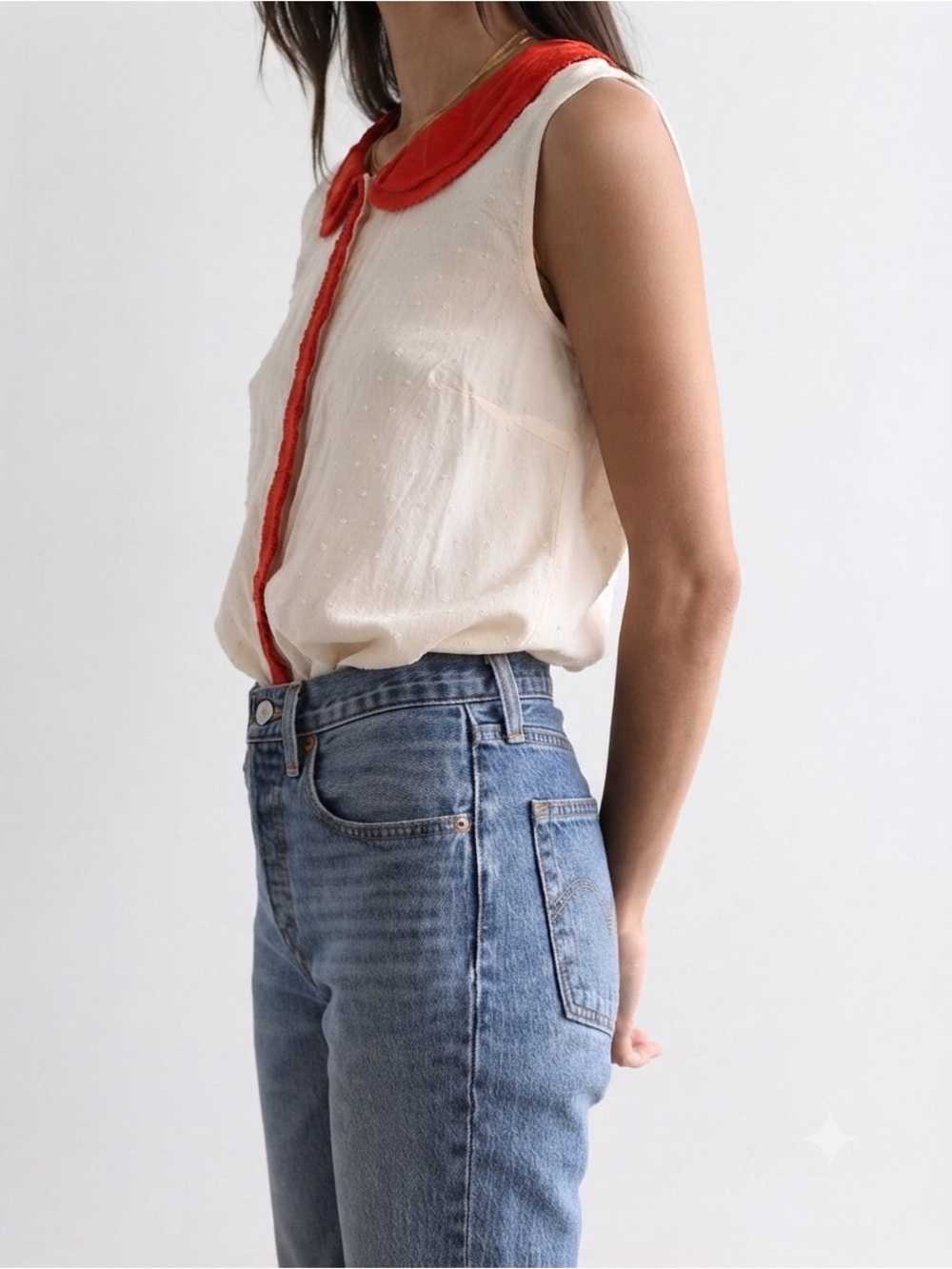 Anthropologie Sleeveless Blouse with Red Peter Pan Collar and Trim